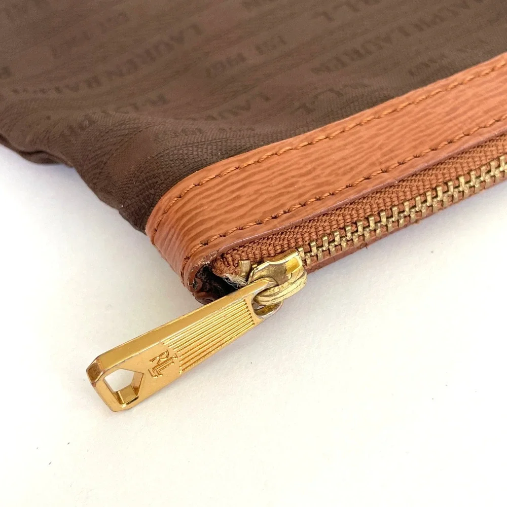 Lauren Ralph Lauren Brown Nylon Logo Pouch Makeup Bag Gold‎ Hardware RLL